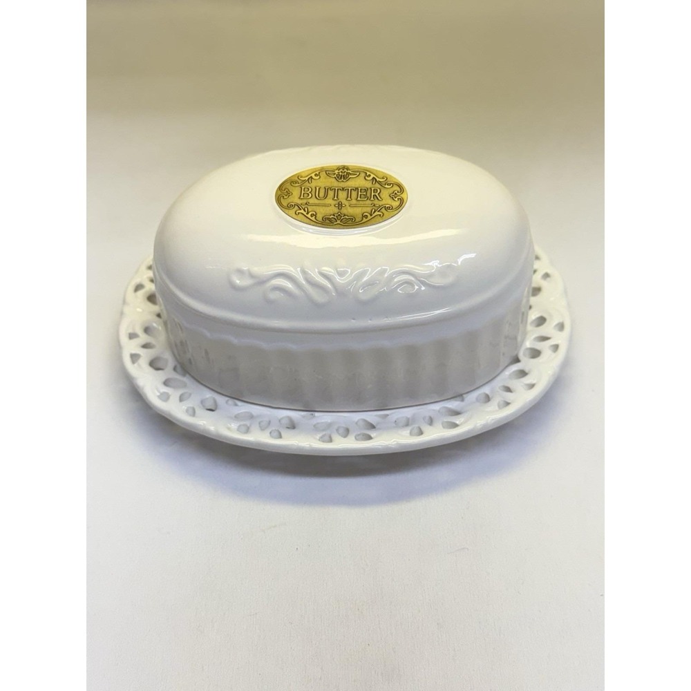 VTG Butter Dish Canister Ivory W/Lid Lattice Farmhouse Shabby Chic Cottagecore